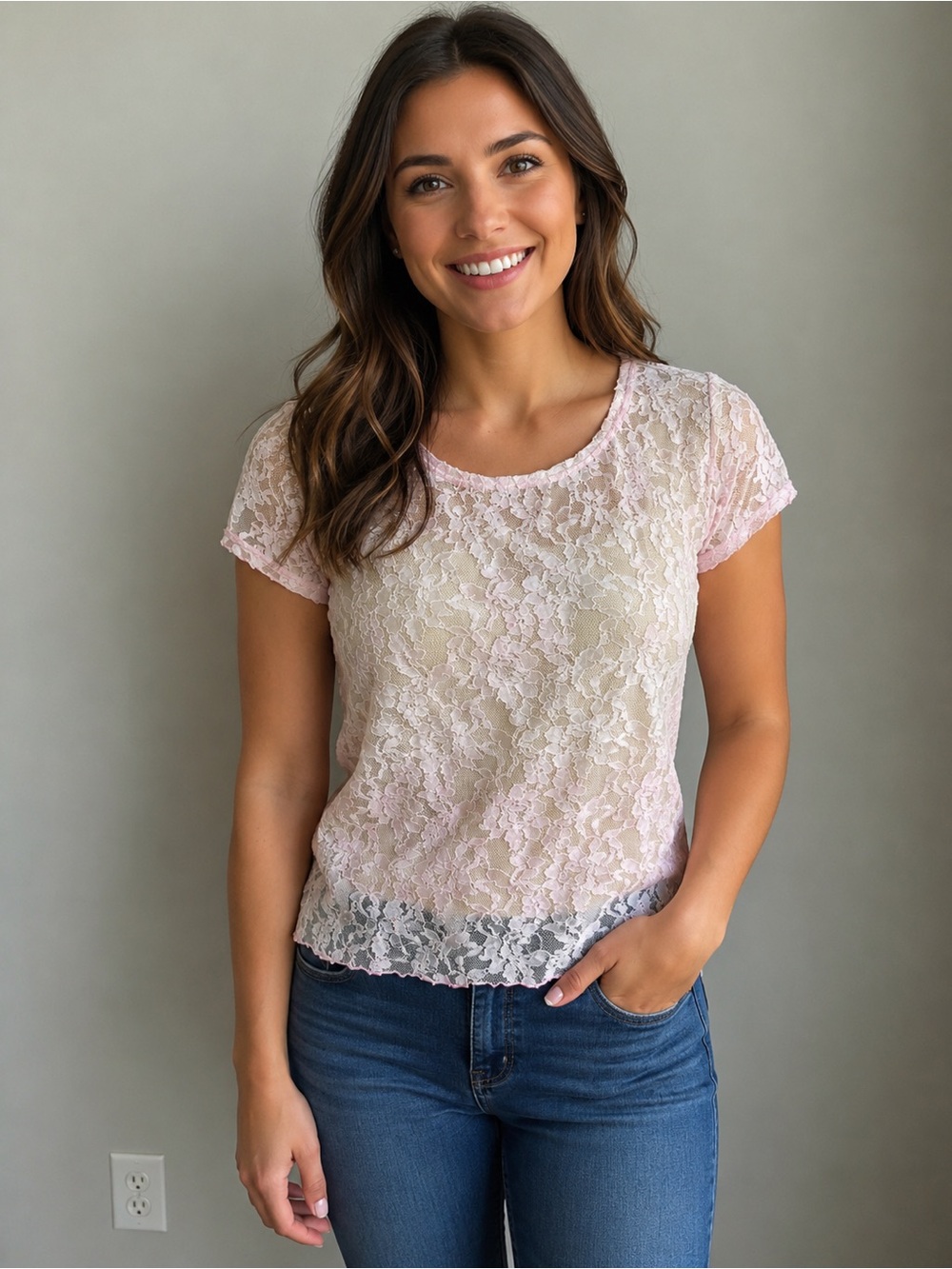 Boston Proper Pink Lace Overlay Top Size Medium